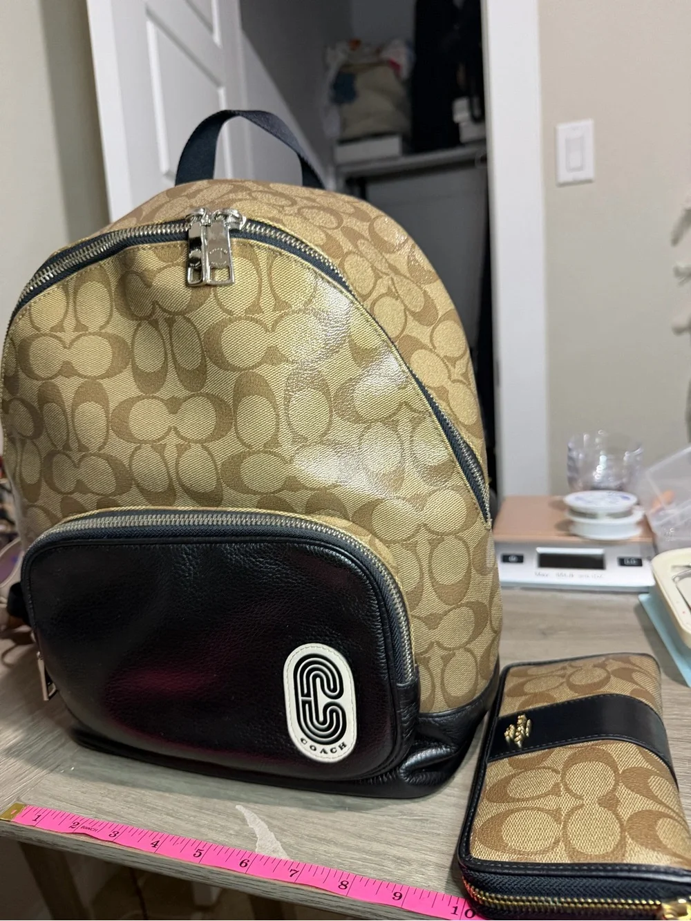 Coach Tan Signature Canvas Backpack with Black Leather and includes wallet
